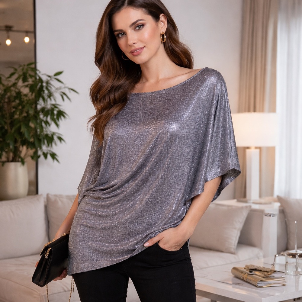Y2K Metallic Silver Asymmetrical Top | Draped Party‎ Club Top Small